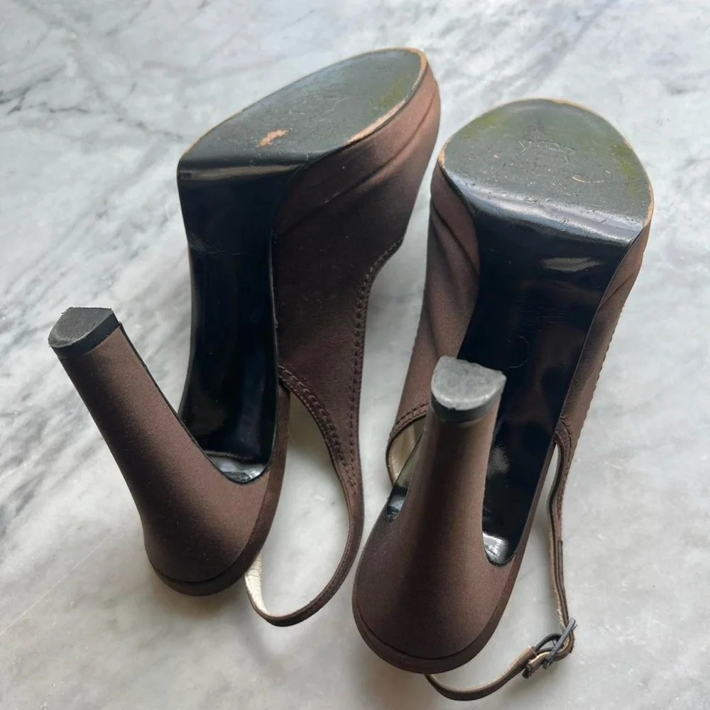 Stuart Weitzman Chocolate Brown Satin Slingback Heels – Size 8 - Picture 7 of 7